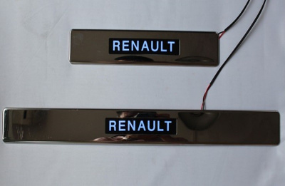 Renault Logan (04–/08–) Накладки на дверные пороги с логотипом и LED подсветкой, нерж.